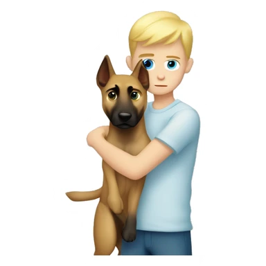 blond boy with blue eyes who hugs his Malinois tightly because he is afraid  sticker