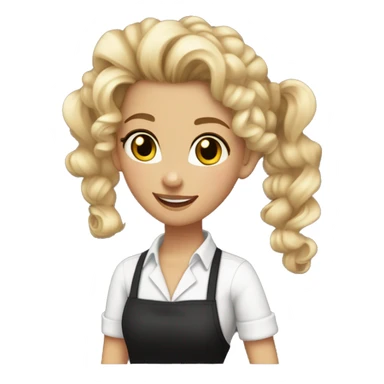 Waitress with white shirt and black apron, curly blonde hair in a pony tail, hazel eyes, lots of bohemian/hippie jewelry and lots of bracelets  sticker