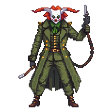 evil clown soldier, bald, black horns on forehead, fangs, pointed ears, eye patch over one eye, long coat over black and military green clothes with bellbottom pants, tail, holding a different style of whip, realistically proportioned, less bulky, full body, fighting stance sticker