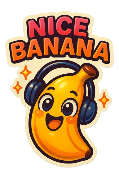 Funny cartoon banana, big happy smiling face, wearing tiny headphones, wide excited eyes, tiny sparkles around, text above: "NE BANANA", chibi style, Twitch emoji style, colorful, transparent background sticker