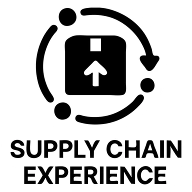 Minimalistic icon for 'Supply Chain Experience' incorporating a logistics symbol, designed in a solid black filled style, with a modern and sleek appearance. sticker