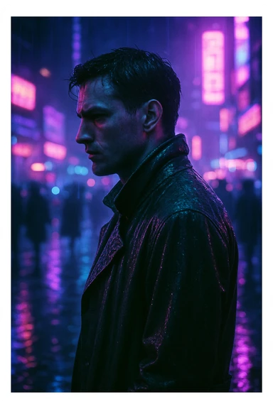 futuristic cyberpunk portrait, man in soaked trench coat, neon-lit city at night, side profile, serious, neon purple and electric blue lighting, wet street with reflections, motion blur of crowd, shallow depth of field, analog film grain, Blade Runner noir detective vibe sticker