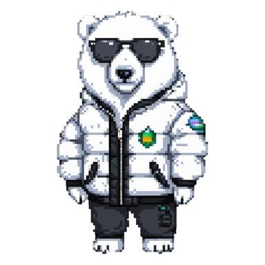 polar bear wearing a white puffer jacket and sunglasses  sticker
