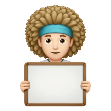 A big hair band guy holding a large blank sign sticker
