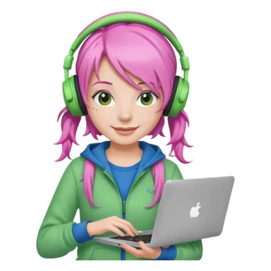 Create an emoji of a woman with pink hair tied into two pigtails. She is a game streamer, wearing green headphones, holding a MacBook, and dressed in a blue outfit. sticker