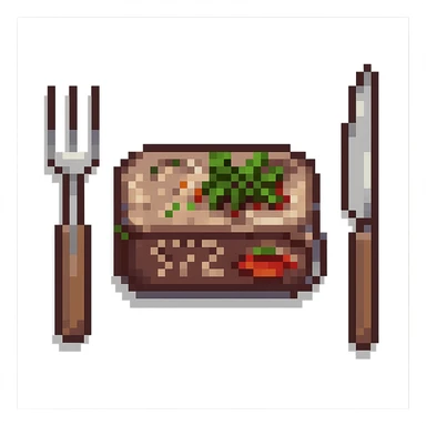 Add a fork and knife next to the steak in pixel art style. Keep the pixel art style and no background. sticker
