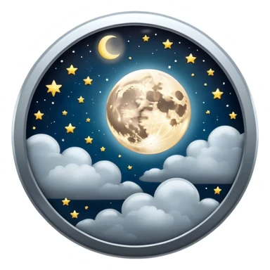 A round galactic button with a full moon, stars, and clouds in the center sticker