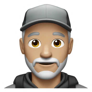blue eyed man, with grey hair,  grey goatee, wearing ball cap, holding long hair black chihuahua sticker