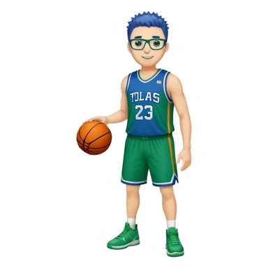 Full Body heavy white male with dark short spike hair basketball player wearing glasses wearing blue green uniform smiling sticker