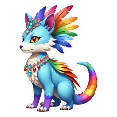 Kawaii cute colorful rainbow-colored warm-colored exotic tropical beautiful pretty elegant divine edgy feline-vernid-sergal-Fakémon-Pokémon-fursona-animal-creature with accessories, jewelries, full body, with intricate detailed markings, feathers, crystals, fins, scales, headdress sticker
