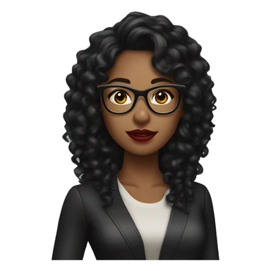 woman dark tan skin with long black curly hair, red lipstick wearing eyeglass sticker