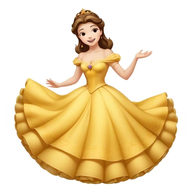 Cinematic Playful Belle Portrait Emoji, Spinning joyfully in her ball gown, arms outstretched, a radiant smile lighting up her face, exuding an enchanting blend of fun and elegance! sticker