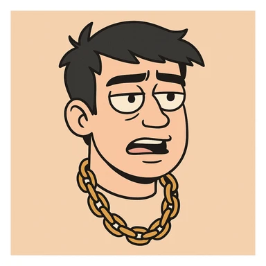floating head of a guy with black hair and a rapper chain, stylized, modern flat toon style illustration, bold lines sticker