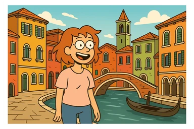 Venice, Italy, colorful houses and bridges, playful cartoon style sticker