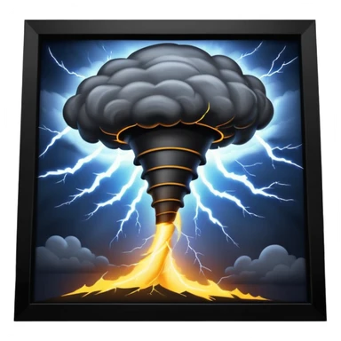 A Discord emoji of a dark, stylized tornado with lightning bolts inside a black circular frame. High contrast, aggressive lines, white background. sticker