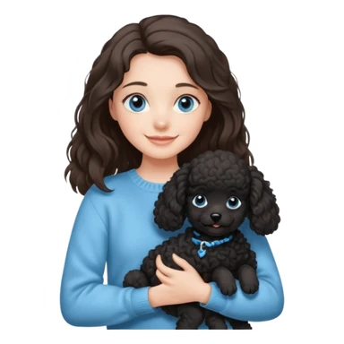 One Brunette girl with blue eyes and long hair in a light blue sweater holds one black Poodle puppy in her arms sticker