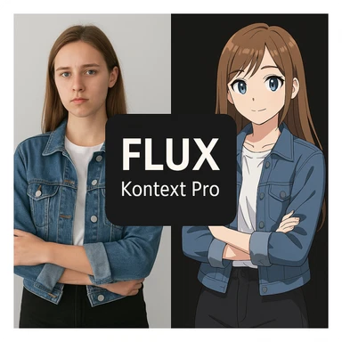 create before after image of a girl before is realsitic photo, after is anime version of her in same pose and clothes, add logo with text of a "FLUX Kontext Pro" in middle in big, black background sticker