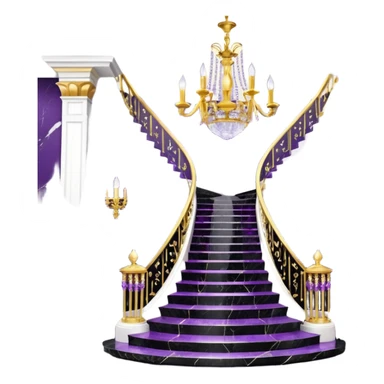 Luxurious black marble hallway stairs with gold and white accents  with purple crystals in chandelier sticker