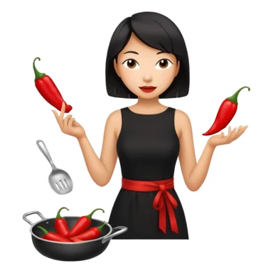 asian black short shoulder length hair tanned woman, black dress cooking, holding chili pepper sticker