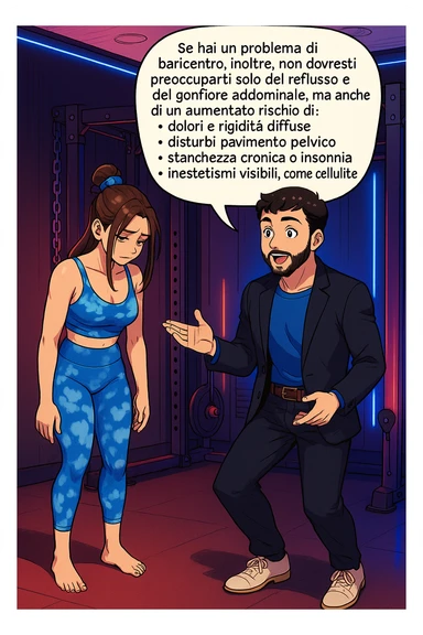 TRASFORMA QUESTO CAROSELLO IN UN FUMETTO STILE WEBTOON/MANGA A COLORI CON QUESTE DUE PERSONE IDENTICHE CHE INTERLOQUISCONO TRA LORO, L'uomo sta spiegando alla donna questo concetto:

Se hai un problema di baricentro, inoltre, non dovresti preoccuparti solo del reflusso e del gonfiore addominale, ma anche di un aumentato rischio di:
    • dolori e rigidità diffuse
    • disturbi pavimento pelvico
    • stanchezza cronica o insonnia
    • inestetismi visibili, come celluluite
    • etc… sticker