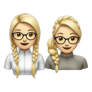 two nordic women designers being jolly, one with a ponytail and the other with medium short hair and glasses sticker