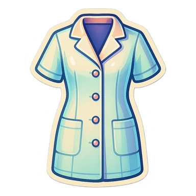female medical coat with short sleeves full length, no girl, front view, retro stickers style, soft rounded shapes, clean contours, pastel palette, detailed shadows and highlights, modern illustration, transparent background sticker