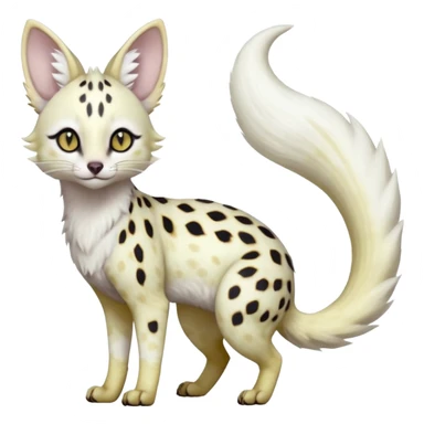 White Albino light whitish grey-spotted Serval-Civet-Genet-Trico-Furret-Linoone-Noibat-Espeon-Fakémon-Pokémon-animal-hybrid-fusion-creature (full body) with vibrant glowing eyes, cute, elegant, soft, realistic, pastel fur sticker