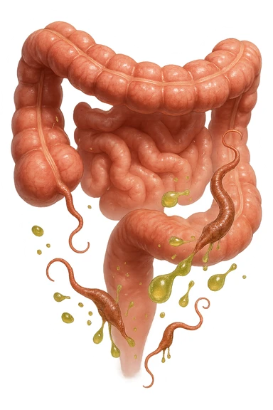 Realistic medical image of microscopic parasites leaving the intestines after taking natural kinesiological drops, symbolizing detox and cleansing. sticker