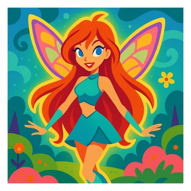 Bloom from Winx Club, fairy outfit, glowing aura, long red hair, whimsical background sticker