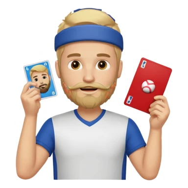 Blonde haired man with a beard holding up a sports card he loves sticker