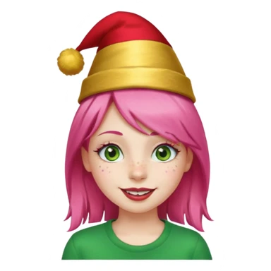 Create a girl with pink hair and green eyes with long eyelashes and a smiley face. She has freckles in her face and a lit of bit of lipstick on her mouth, she’s also got gold birthday hat on her head with gold pom poms on top of it, and her T-shirt is red sticker