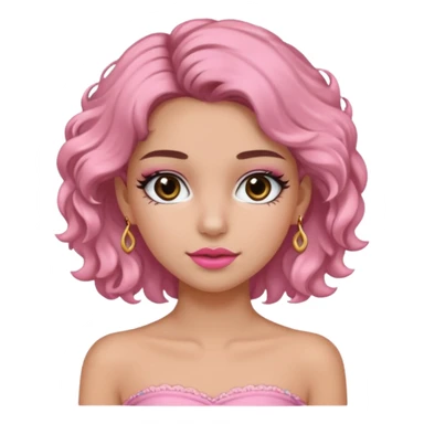 crée moi une jeune fille très belle avec les cheveux bouclés long brune avec un top  sans manche ni brettelles juste un 'bandeau' de couleur rose clair avec un peu de maquillage et des beaux et long  cils un collier en or sticker