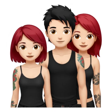 generate a fair boy with messy black hair, tattoos. standing beside a fair black haired girl wearing a black cami top and a tan girl with red hair sticker