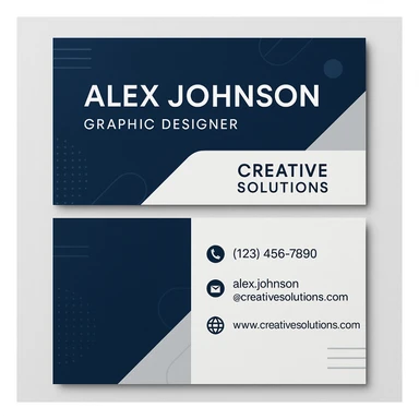 A modern and professional business card for Alex Johnson, Graphic Designer at Creative Solutions. The card should include the name, job title, company name, phone number (123) 456-7890, email alex.johnson@creativesolutions.com, and website www.creativesolutions.com. Use a clean, modern design with a professional color scheme. The card should have a creative and unique design. sticker