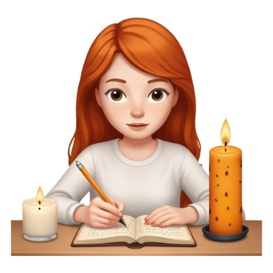 pretty young woman with white skin writing in a journal, lit scented candle next to her, iPhone memoji style sticker