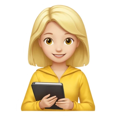 Девушка со светлыми волосами весёлая красивом костюме жёлтом сидит и планирует свое будущее  sticker