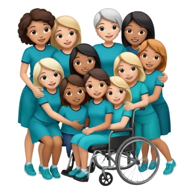 Teal group hug of 8 women with one in wheelchair sticker