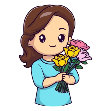 cool girl with long brown hair and fair skin tilting her head to the side while holding a bouquet of flowers sticker