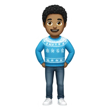 white man with black hair, wearing christmas jumper with white details with blue jeans and black sneak sticker