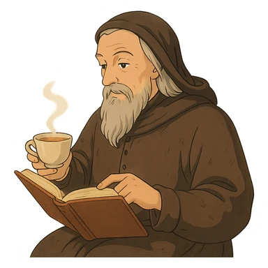Chaucer reading a book and drinking tea, detailed, warm colors, ghibli style sticker
