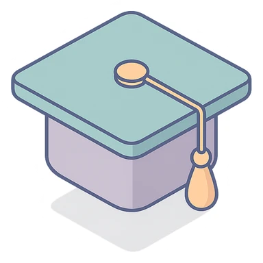 academic graduation cap with golden tassel, 2D isometric style, clean lines, soft shadows and highlights, minimalist eastern accent, pastel palette #98B5BC, #B5B3C1, #C9A3C9, #E4C0CA, #F7DCD1, #F7C0AA, transparent background sticker