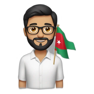 Short black hair and beard, dark brown eyes white skin man with glasses holding Moroccan flag sticker