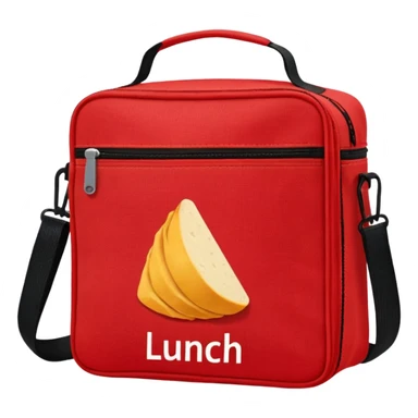 red lunch bag with the word lunch on it sticker