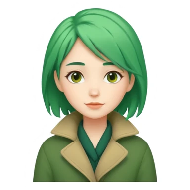 Girl with green hair wearing warm winter coat with a relaxed posture and friendly face sticker