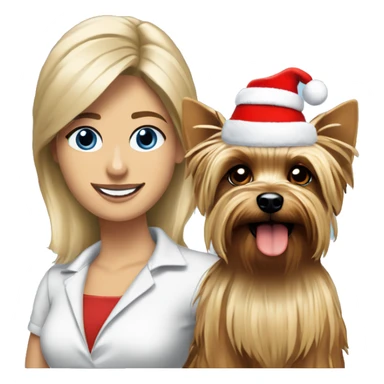 blonde woman blue eyes Yorkshire terrier wearing red santa hat standing with George Clooney  sticker