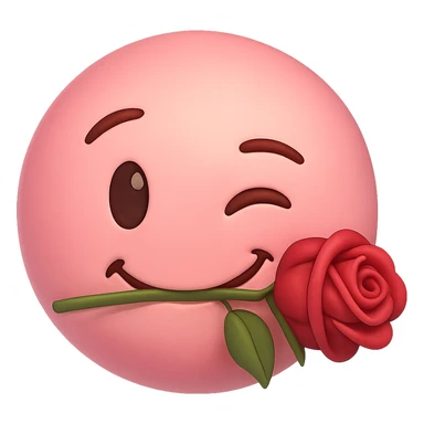 pink emoji face with a rose in its mouth, winking, playful and charming, soft gradient pinks sticker