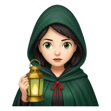 traitor tv show, dark haired woman wearing dark green cloak with hood up who looks very evil, is holding up a lantern, and looking down sticker