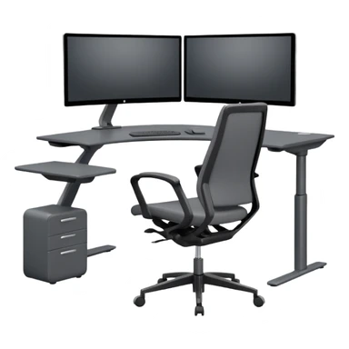 3D minimal icon of a wide height-adjustable motion desk with dual monitors and a modern ergonomic office chair, with a subtle accent in #FF3D00. Clean and high-end style. sticker