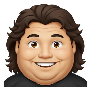 Hombre obeso latino piel canela, cara redonda-ancha, scruff sin barba completa, cejas gruesas, pelo oscuro ondulado flat largo hasta el cuello. Sonrisa amplia, expresión alegre. Camisa negra. Size large.  sticker