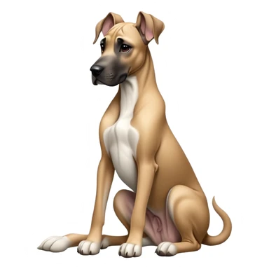 cinematic-[fawn great dane]-realistic-full-body-sitting-emoji,-tail-resting-loosely-beside-its-paws,-head-tilted-dramatically, ears drooped, -sleek-[fawn]-fur,-simplified-yet-realistic-focused-features,-highly-detailed,-glowing-with-an-almost-sarcastic-glow sticker